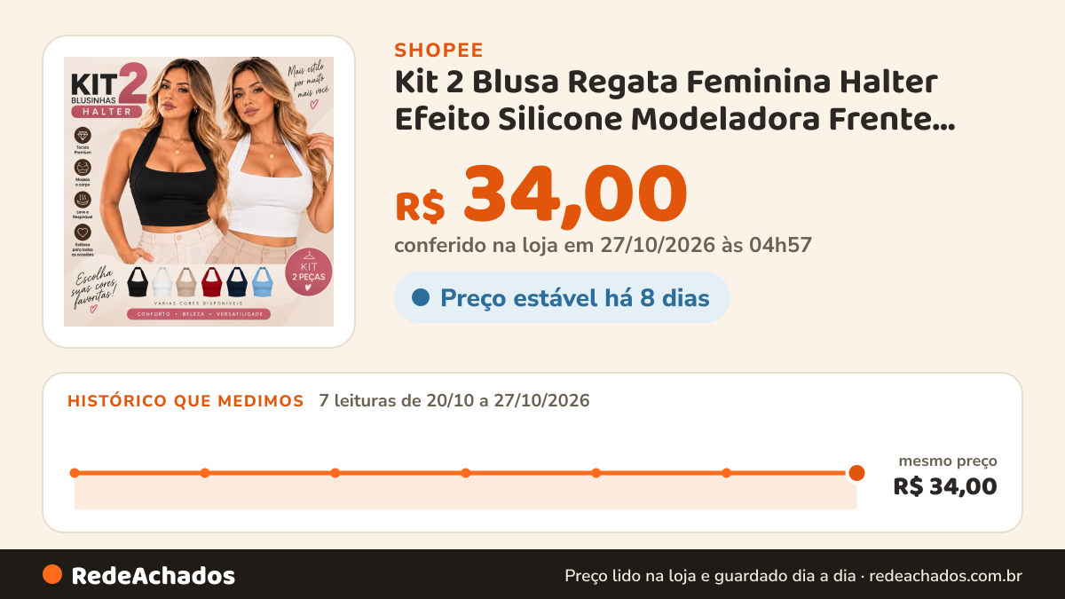 Histórico de preço de Kit 2 Blusa Regata Feminina Halter Efeito Silicone Modeladora Frente Unica Casual Verão… na Shopee: 7 leituras de 20/10/2026 a 27/10/2026, mesmo preço, R$ 34,00, em todas; R$ 34,00 conferido em 27/10/2026 às 04h57