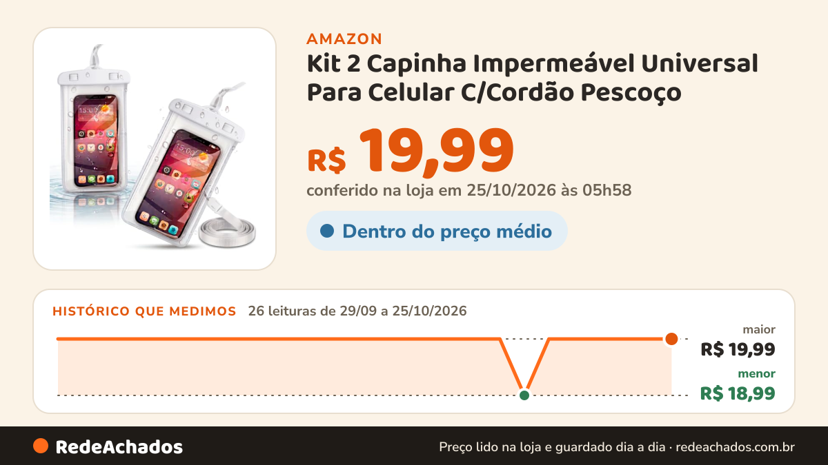 Histórico de preço de Kit 2 Capinha Impermeável Universal Para Celular C/Cordão Pescoço (BRANCO) na Amazon: 26 leituras de 29/09/2026 a 25/10/2026, menor R$ 18,99, maior R$ 19,99; R$ 19,99 conferido em 25/10/2026 às 05h58