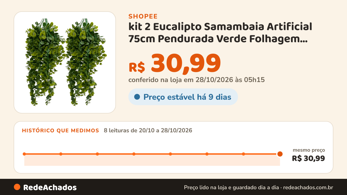 Histórico de preço de kit 2 Eucalipto Samambaia Artificial 75cm Pendurada Verde Folhagem Vertical Toque Realista na Shopee: 7 leituras de 20/10/2026 a 27/10/2026, mesmo preço, R$ 30,99, em todas; R$ 30,99 conferido em 27/10/2026 às 04h27