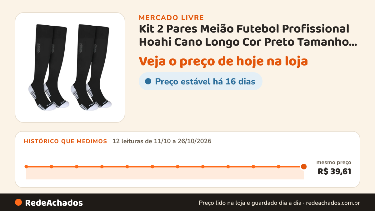 Histórico de preço de Kit 2 Pares Meião Futebol Profissional Hoahi Cano Longo Cor Preto Tamanho 39/43 no Mercado Livre: 12 leituras de 11/10/2026 a 26/10/2026, mesmo preço, R$ 39,61, em todas