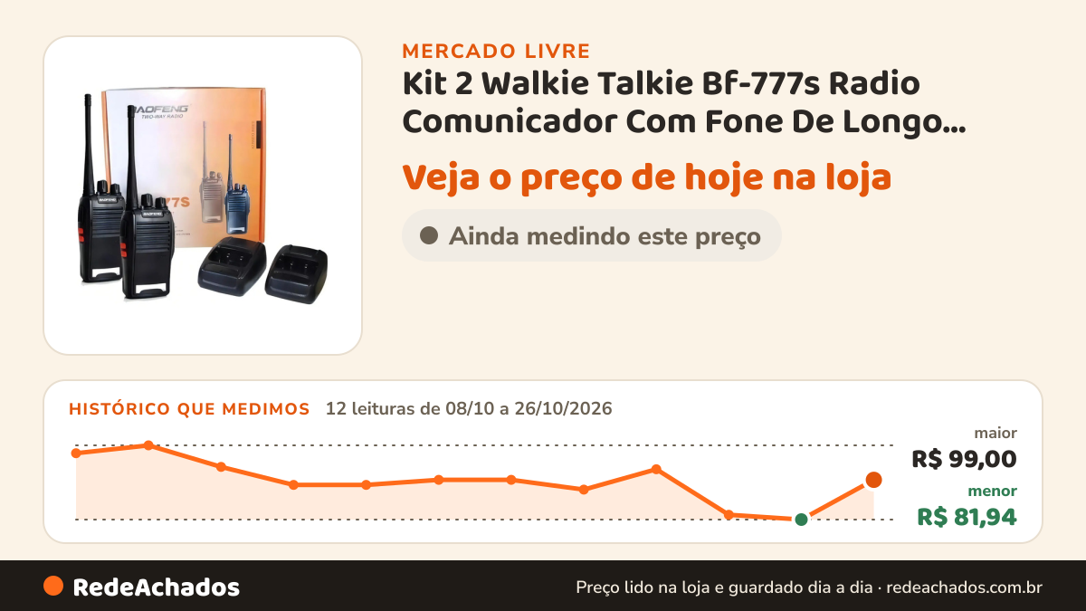 Histórico de preço de Kit 2 Walkie Talkie Bf-777s Radio Comunicador Com Fone De Longo Alcance Portátil no Mercado Livre: 12 leituras de 08/10/2026 a 26/10/2026, menor R$ 81,94, maior R$ 99,00
