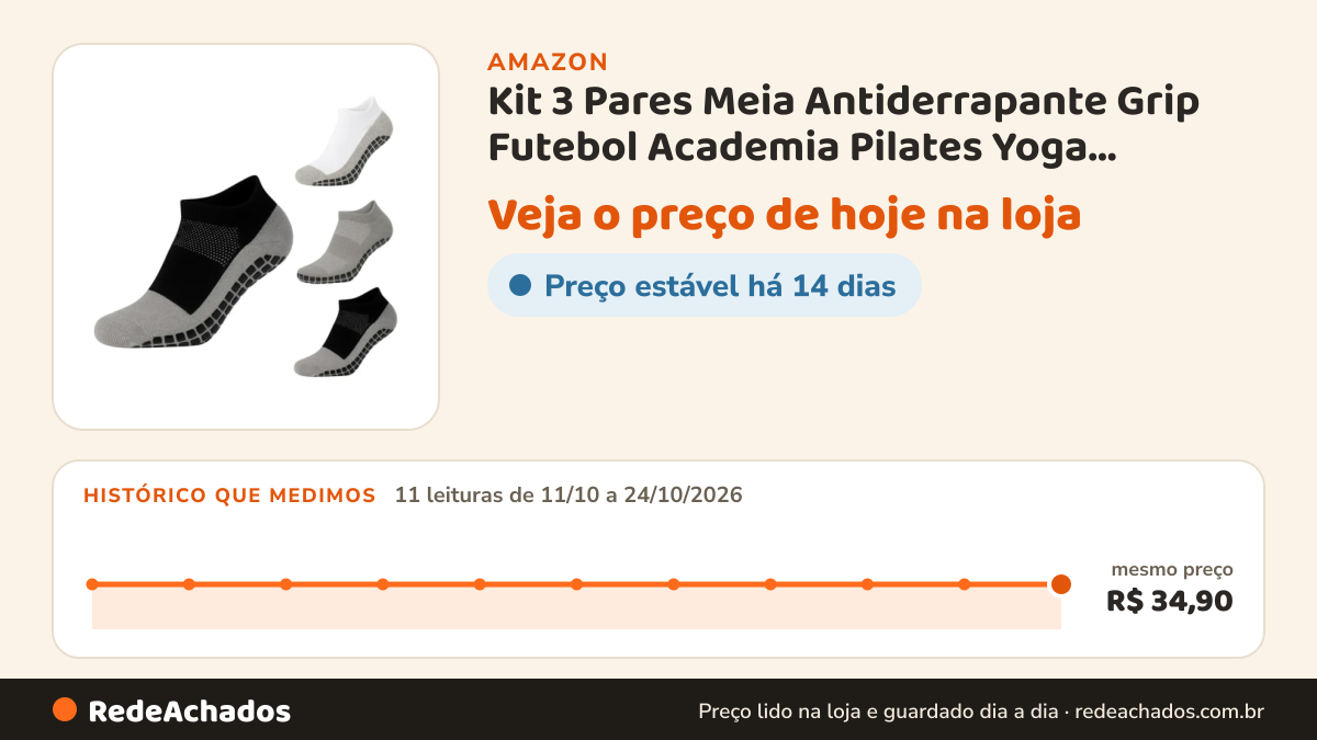 Histórico de preço de Kit 3 Pares Meia Antiderrapante Grip Futebol Academia Pilates Yoga Soquete Cano Curto… na Amazon: 11 leituras de 11/10/2026 a 24/10/2026, mesmo preço, R$ 34,90, em todas