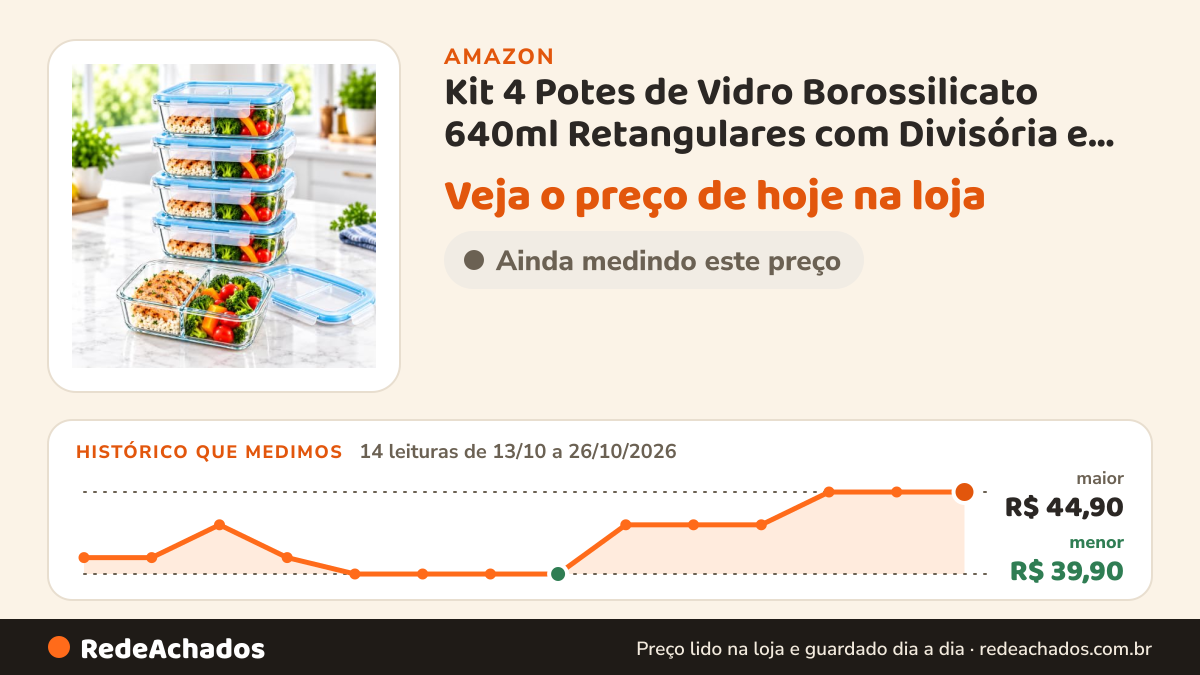 Histórico de preço de Kit 4 Potes de Vidro Borossilicato 640ml Retangulares com Divisória e Tampa Hermética… na Amazon: 14 leituras de 13/10/2026 a 26/10/2026, menor R$ 39,90, maior R$ 44,90; R$ 44,90 conferido em 26/10/2026 às 03h57