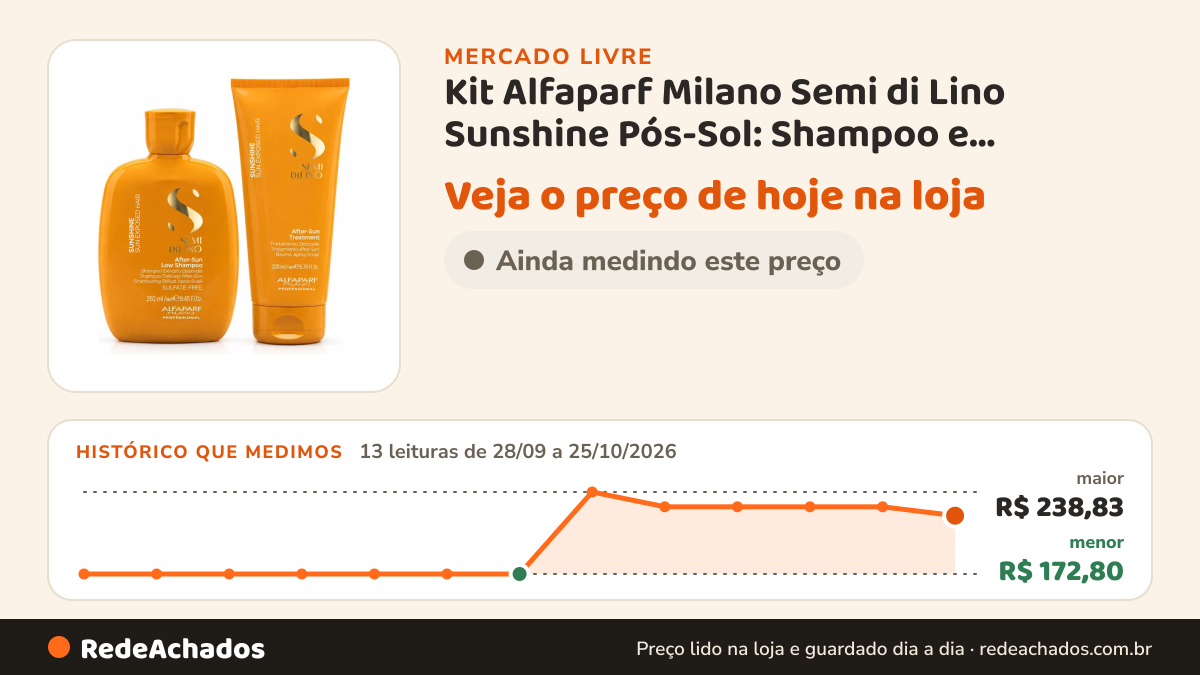 Histórico de preço de Kit Alfaparf Milano Semi di Lino Sunshine Pós-Sol: Shampoo e Tratamento para Cabelos com… no Mercado Livre: 13 leituras de 28/09/2026 a 25/10/2026, menor R$ 172,80, maior R$ 238,83