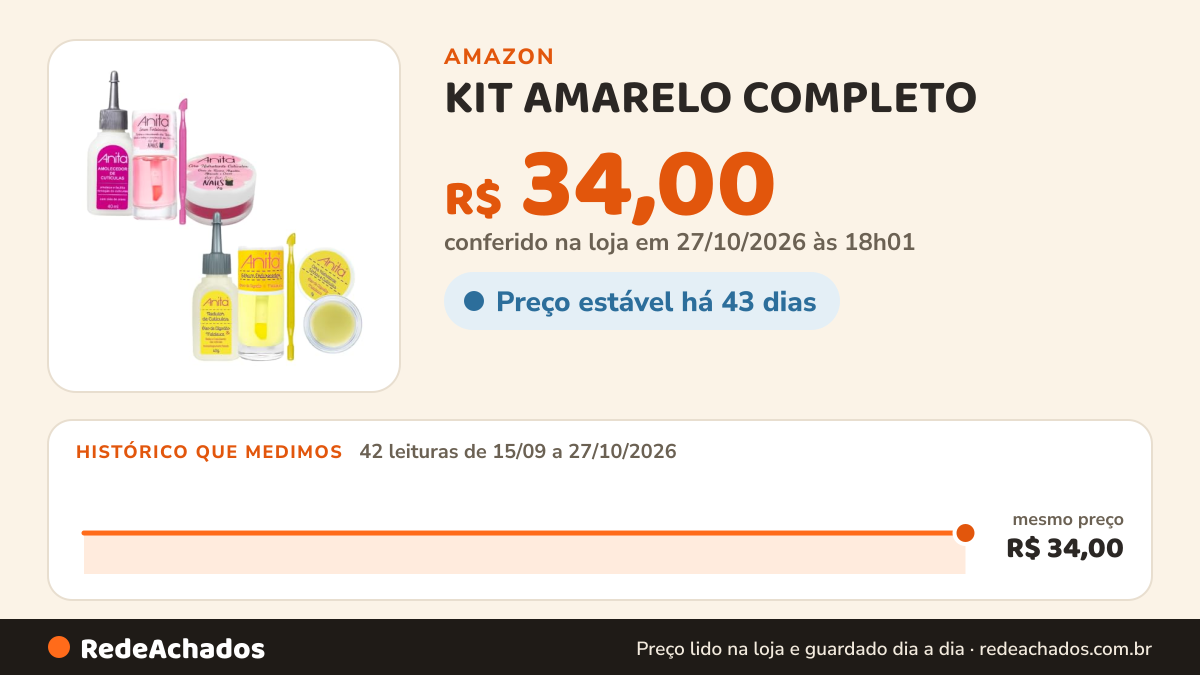 Histórico de preço de KIT AMARELO COMPLETO na Amazon: 41 leituras de 15/09/2026 a 26/10/2026, mesmo preço, R$ 34,00, em todas; R$ 34,00 conferido em 26/10/2026 às 11h59