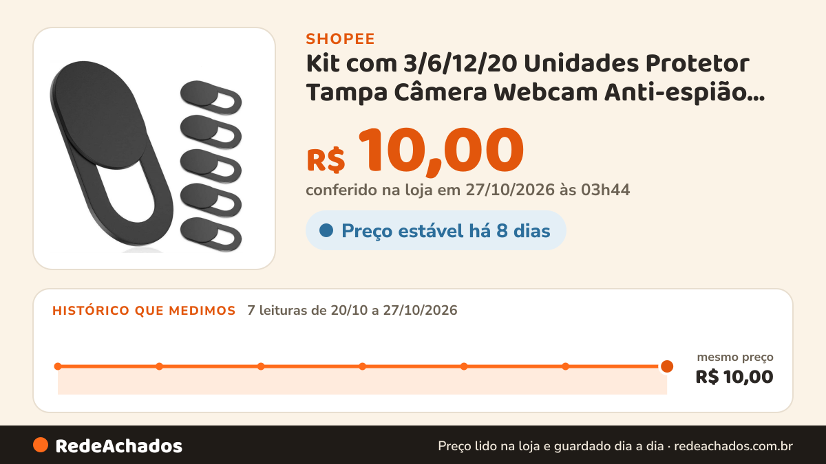 Histórico de preço de Kit com 3/6/12/20 Unidades Protetor Tampa Câmera Webcam Anti-espião Notbook Celular Tablet na Shopee: 7 leituras de 20/10/2026 a 27/10/2026, mesmo preço, R$ 10,00, em todas; R$ 10,00 conferido em 27/10/2026 às 03h44
