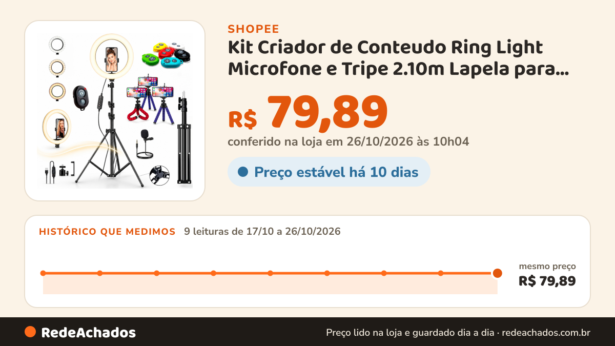 Histórico de preço de Kit Criador de Conteudo Ring Light Microfone e Tripe 2.10m Lapela para Celular Mini Tripe na Shopee: 8 leituras de 17/10/2026 a 25/10/2026, mesmo preço, R$ 79,89, em todas; R$ 79,89 conferido em 25/10/2026 às 04h53