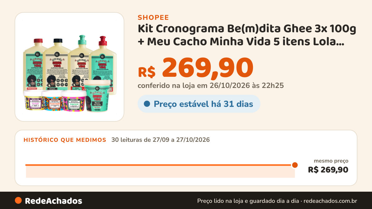 Histórico de preço de Kit Cronograma Be(m)dita Ghee 3x 100g + Meu Cacho Minha Vida 5 itens Lola Cosmetics na Shopee: 30 leituras de 27/09/2026 a 27/10/2026, mesmo preço, R$ 269,90, em todas; R$ 269,90 conferido em 26/10/2026 às 22h25