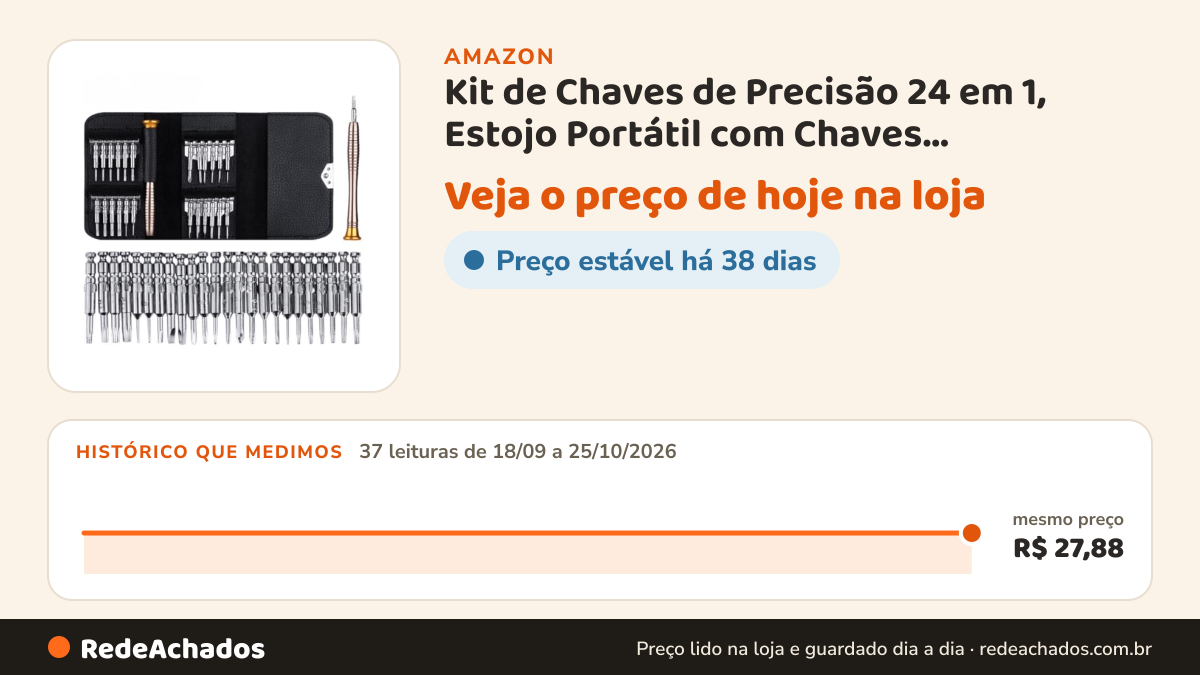 Histórico de preço de Kit de Chaves de Precisão 24 em 1, Estojo Portátil com Chaves Magnéticas, Preto, para… na Amazon: 37 leituras de 18/09/2026 a 25/10/2026, mesmo preço, R$ 27,88, em todas