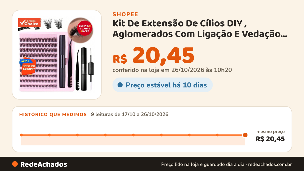 Histórico de preço de Kit De Extensão De Cílios DIY , Aglomerados Com Ligação E Vedação Forte À Prova D'água na Shopee: 9 leituras de 17/10/2026 a 26/10/2026, mesmo preço, R$ 20,45, em todas; R$ 20,45 conferido em 26/10/2026 às 10h20