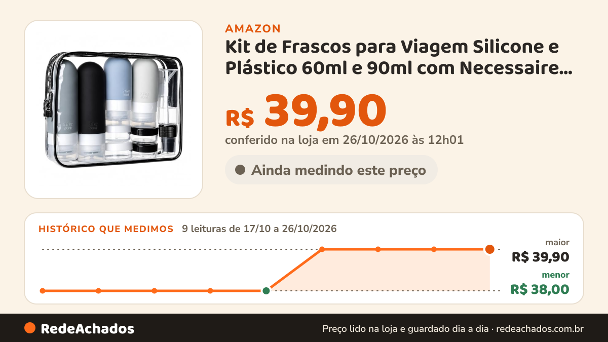 Histórico de preço de Kit de Frascos para Viagem Silicone e Plástico 60ml e 90ml com Necessaire Transparente 17… na Amazon: 8 leituras de 17/10/2026 a 25/10/2026, menor R$ 38,00, maior R$ 39,90; R$ 39,90 conferido em 25/10/2026 às 05h58