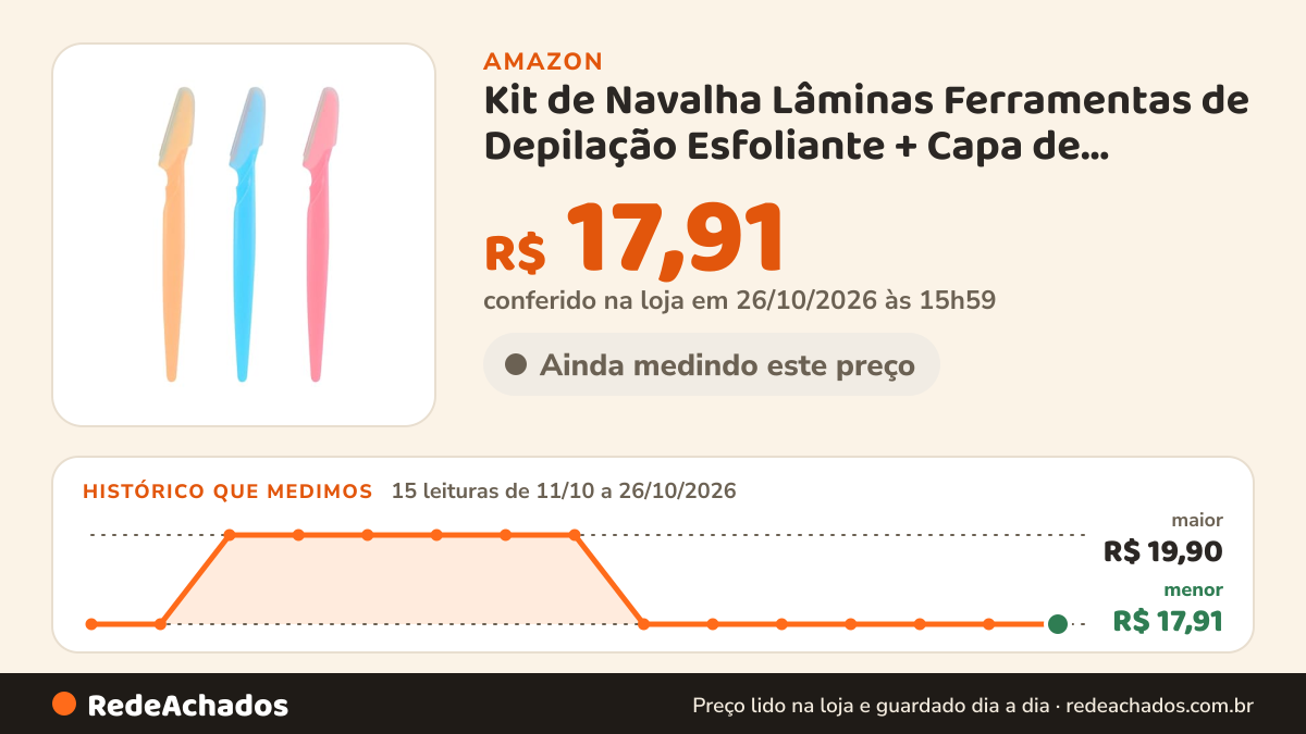 Histórico de preço de Kit de Navalha Lâminas Ferramentas de Depilação Esfoliante + Capa de Precisão… na Amazon: 15 leituras de 11/10/2026 a 26/10/2026, menor R$ 17,91, maior R$ 19,90; R$ 17,91 conferido em 26/10/2026 às 15h59
