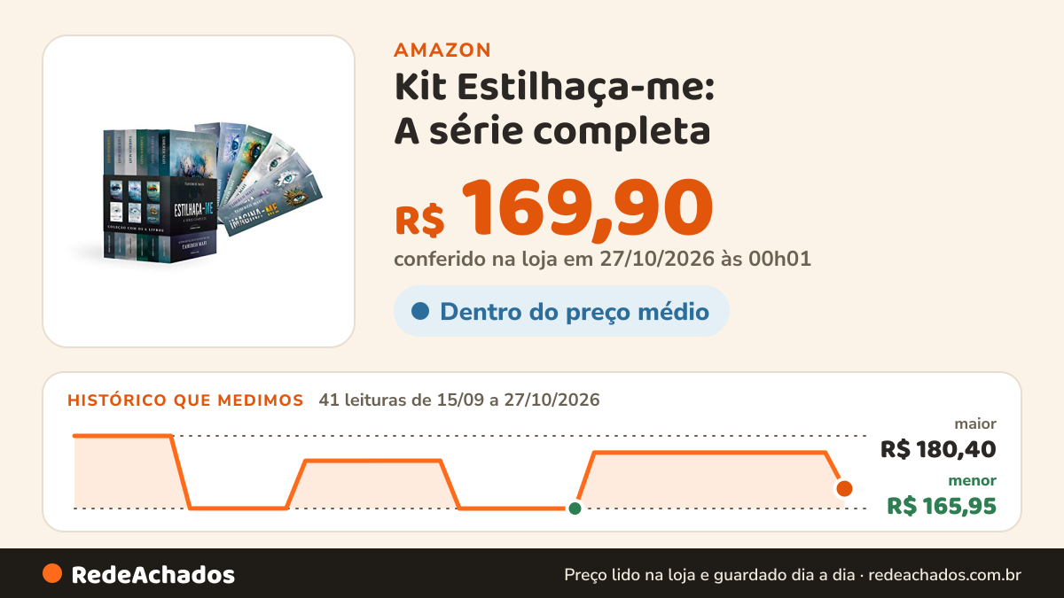 Histórico de preço de Kit Estilhaça-me: A série completa na Amazon: 41 leituras de 15/09/2026 a 27/10/2026, menor R$ 165,95, maior R$ 180,40; R$ 169,90 conferido em 27/10/2026 às 00h01