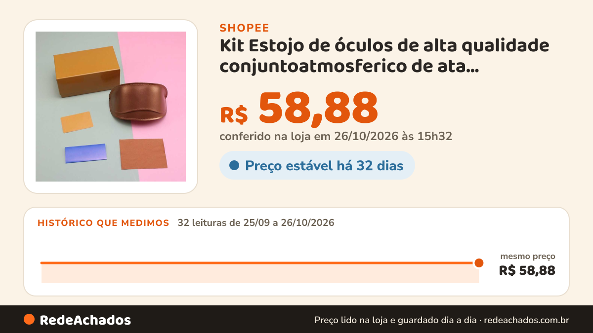 Histórico de preço de Kit Estojo de óculos de alta qualidade conjuntoatmosferico de ata aualidade estolo de… na Shopee: 31 leituras de 25/09/2026 a 25/10/2026, mesmo preço, R$ 58,88, em todas; R$ 58,88 conferido em 25/10/2026 às 10h08