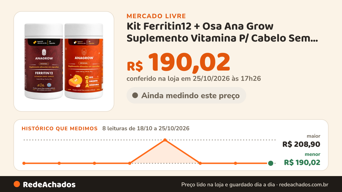 Histórico de preço de Kit Ferritin12 + Osa Ana Grow Suplemento Vitamina P/ Cabelo Sem Sabor no Mercado Livre: 8 leituras de 18/10/2026 a 25/10/2026, menor R$ 190,02, maior R$ 208,90; R$ 190,02 conferido em 25/10/2026 às 17h26