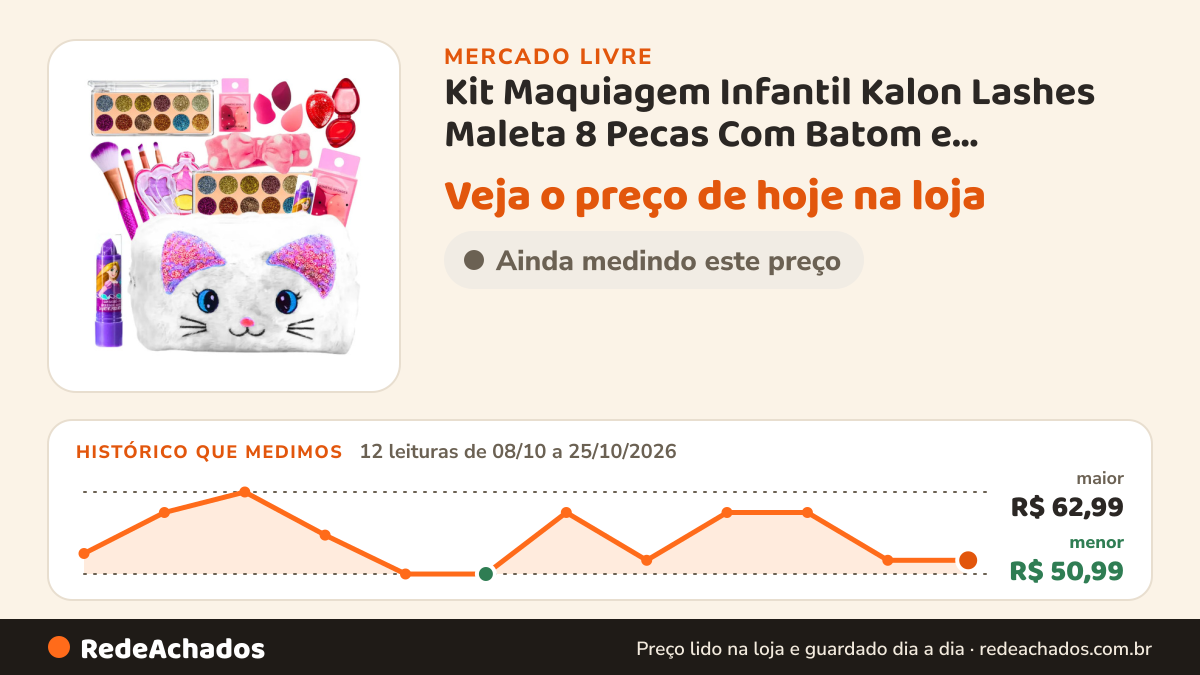 Histórico de preço de Kit Maquiagem Infantil Kalon Lashes Maleta 8 Pecas Com Batom e Acessorios no Mercado Livre: 12 leituras de 08/10/2026 a 25/10/2026, menor R$ 50,99, maior R$ 62,99