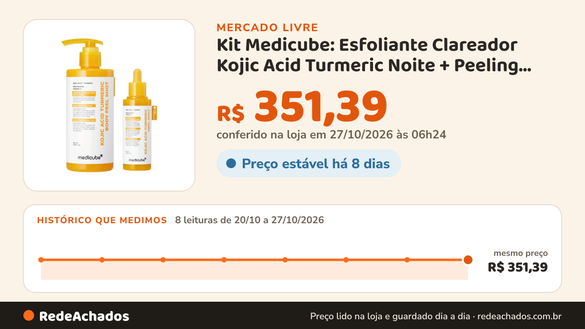 Histórico de preço de Kit Medicube: Esfoliante Clareador Kojic Acid Turmeric Noite + Peeling Corporal 280ml Sem… no Mercado Livre: 8 leituras de 20/10/2026 a 27/10/2026, mesmo preço, R$ 351,39, em todas; R$ 351,39 conferido em 27/10/2026 às 06h24