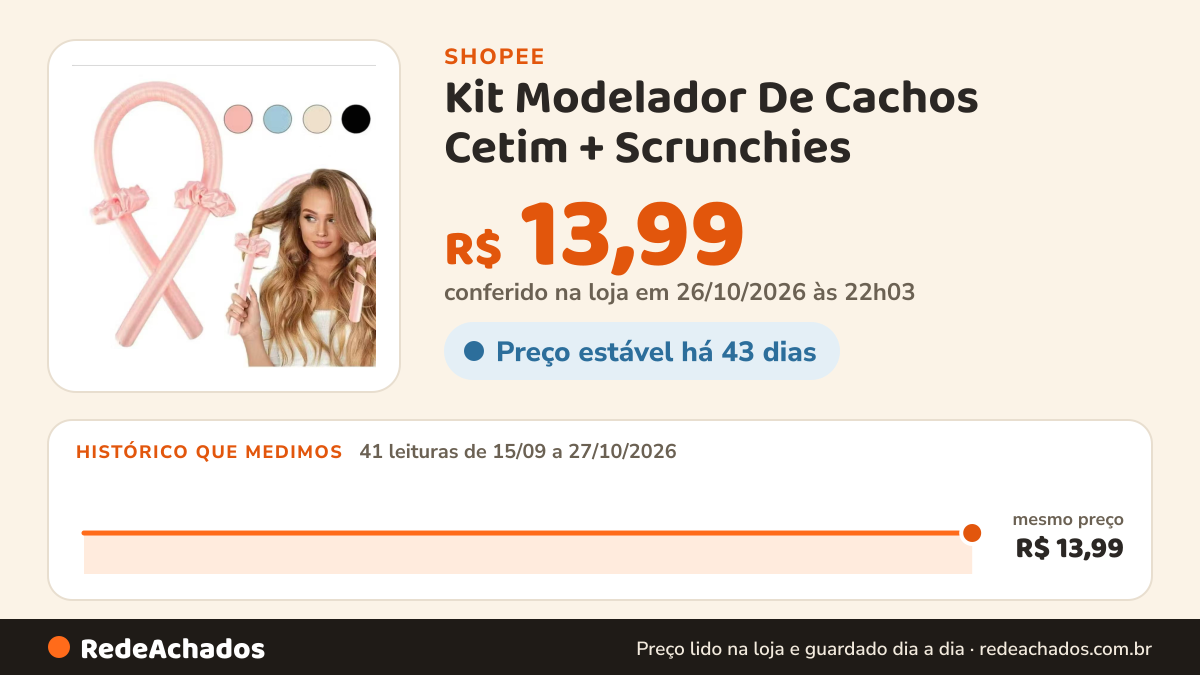 Histórico de preço de Kit Modelador De Cachos Cetim + Scrunchies na Shopee: 41 leituras de 15/09/2026 a 27/10/2026, mesmo preço, R$ 13,99, em todas; R$ 13,99 conferido em 26/10/2026 às 22h03