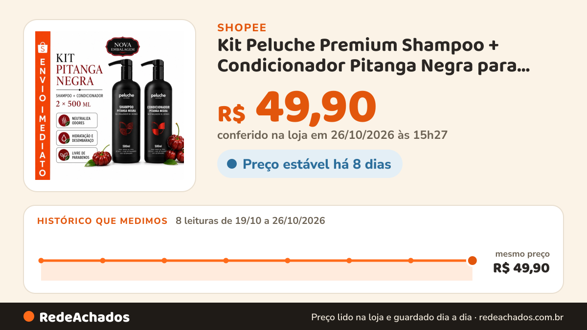 Histórico de preço de Kit Peluche Premium Shampoo + Condicionador Pitanga Negra para Pet Cachorro e Gato na Shopee: 8 leituras de 19/10/2026 a 26/10/2026, mesmo preço, R$ 49,90, em todas; R$ 49,90 conferido em 26/10/2026 às 15h27