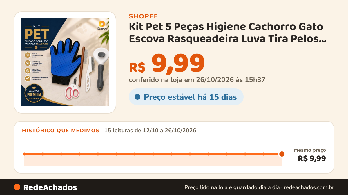 Histórico de preço de Kit Pet 5 Peças Higiene Cachorro Gato Escova Rasqueadeira Luva Tira Pelos Cortador Unha… na Shopee: 15 leituras de 12/10/2026 a 26/10/2026, mesmo preço, R$ 9,99, em todas; R$ 9,99 conferido em 26/10/2026 às 15h37