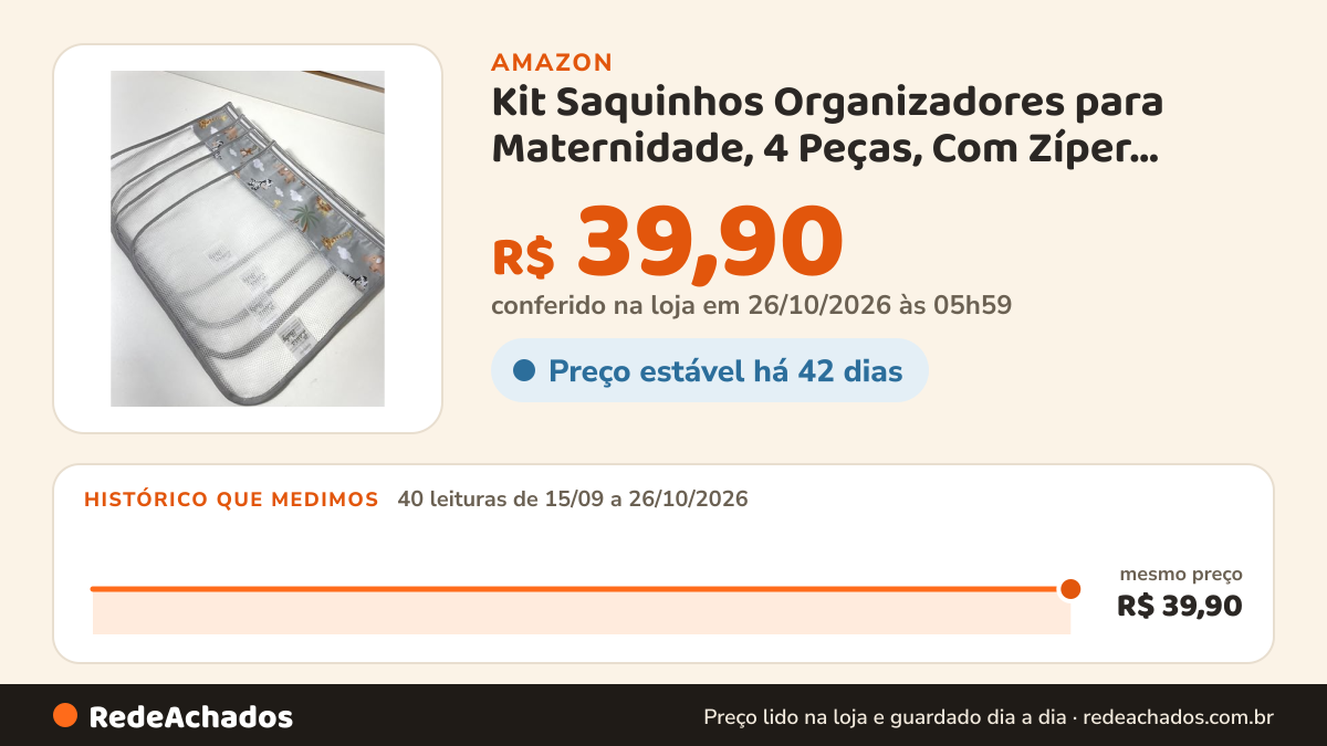 Histórico de preço de Kit Saquinhos Organizadores para Maternidade, 4 Peças, Com Zíper, Multiuso (Safari Cinza) na Amazon: 40 leituras de 15/09/2026 a 26/10/2026, mesmo preço, R$ 39,90, em todas; R$ 39,90 conferido em 26/10/2026 às 05h59