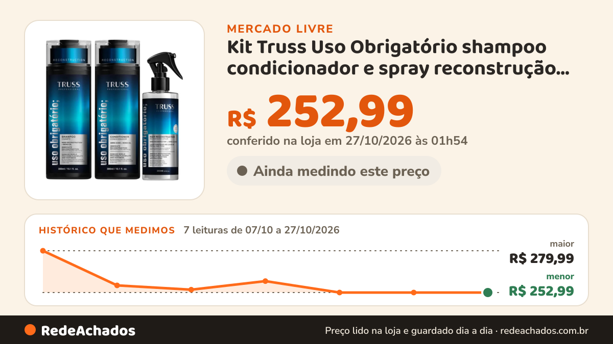 Histórico de preço de Kit Truss Uso Obrigatório shampoo condicionador e spray reconstrução capilar no Mercado Livre: 7 leituras de 07/10/2026 a 27/10/2026, menor R$ 252,99, maior R$ 279,99; R$ 252,99 conferido em 27/10/2026 às 01h54