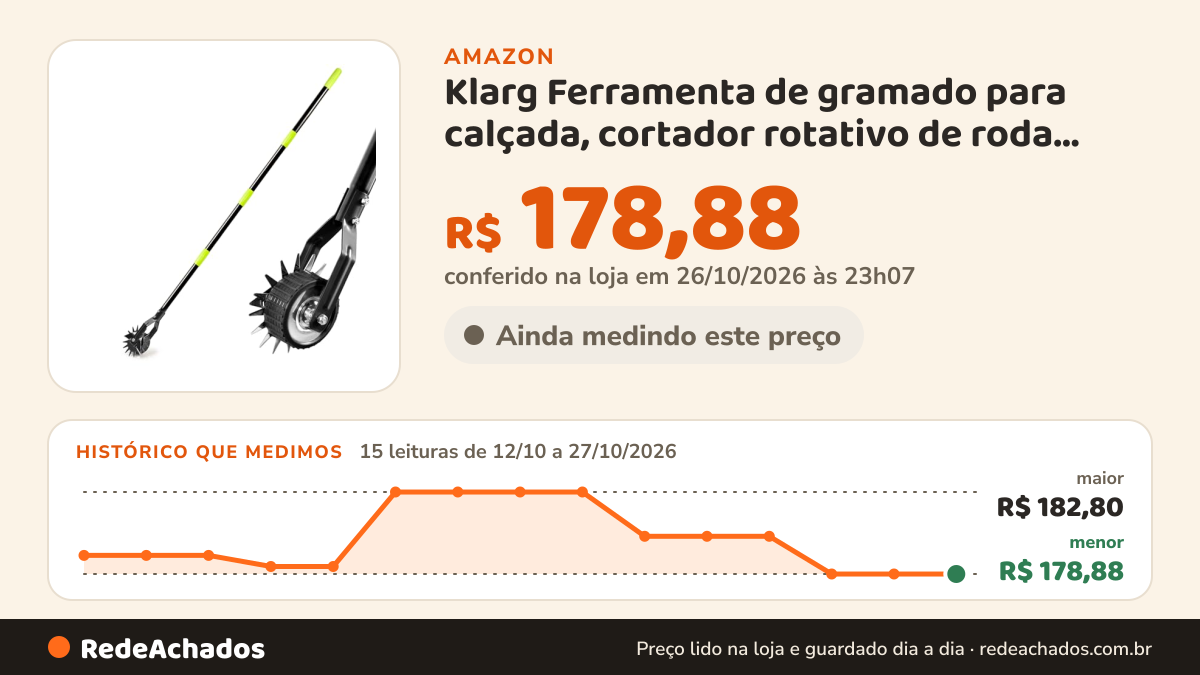 Histórico de preço de Klarg Ferramenta de gramado para calçada, cortador rotativo de roda, cortador de grama… na Amazon: 15 leituras de 12/10/2026 a 27/10/2026, menor R$ 178,88, maior R$ 182,80; R$ 178,88 conferido em 26/10/2026 às 23h07