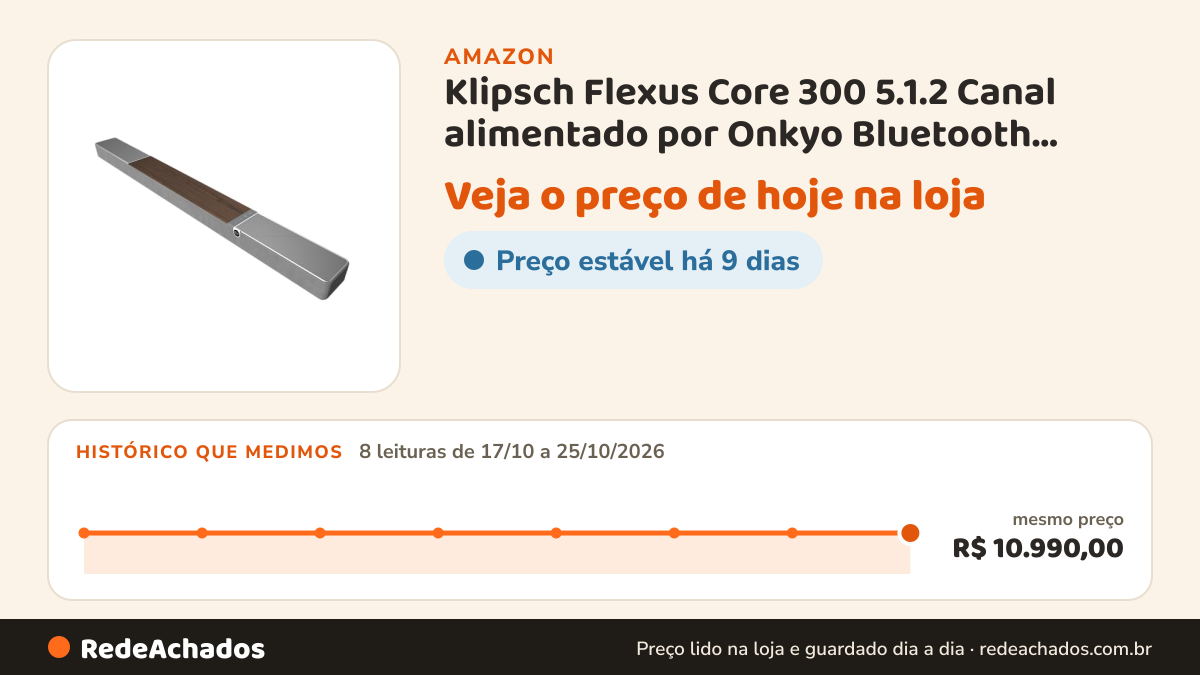 Histórico de preço de Klipsch Flexus Core 300 5.1.2 Canal alimentado por Onkyo Bluetooth Sound Bar com correção… na Amazon: 8 leituras de 17/10/2026 a 25/10/2026, mesmo preço, R$ 10.990,00, em todas