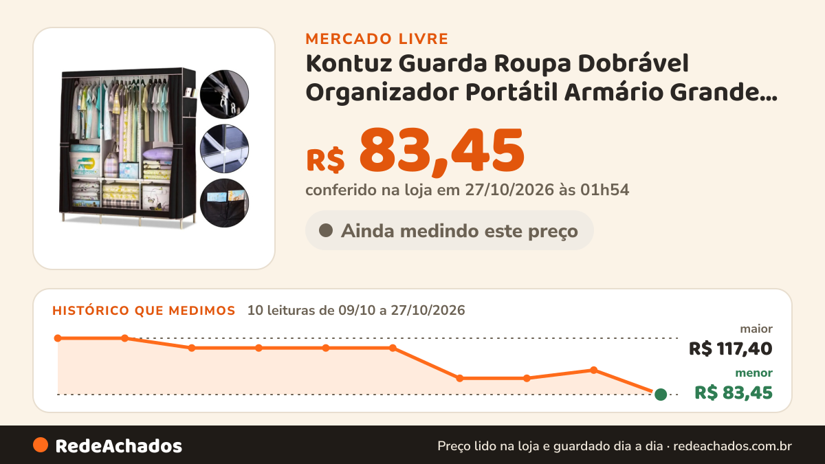 Histórico de preço de Kontuz Guarda Roupa Dobrável Organizador Portátil Armário Grande Cor Preto no Mercado Livre: 10 leituras de 09/10/2026 a 27/10/2026, menor R$ 83,45, maior R$ 117,40; R$ 83,45 conferido em 27/10/2026 às 01h54
