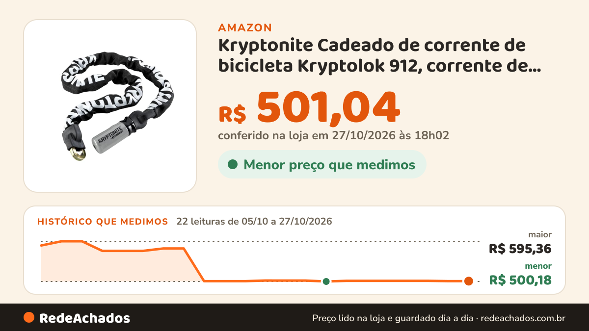Histórico de preço de Kryptonite Cadeado de corrente de bicicleta Kryptolok 912, corrente de aço de 9 mm de… na Amazon: 21 leituras de 05/10/2026 a 26/10/2026, menor R$ 500,18, maior R$ 595,36; R$ 501,04 conferido em 26/10/2026 às 06h00