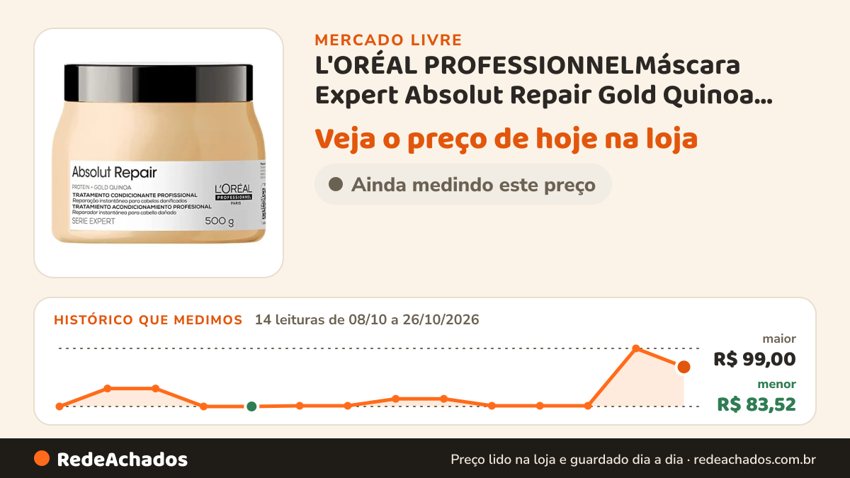 Histórico de preço de L'ORÉAL PROFESSIONNELMáscara Expert Absolut Repair Gold Quinoa Light 500g no Mercado Livre: 14 leituras de 08/10/2026 a 26/10/2026, menor R$ 83,52, maior R$ 99,00