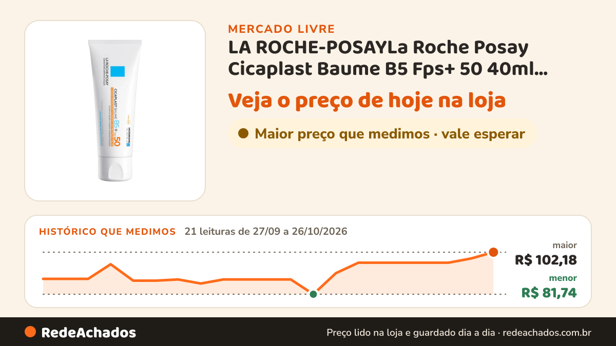 Histórico de preço de LA ROCHE-POSAYLa Roche Posay Cicaplast Baume B5 Fps+ 50 40ml Todo Ti no Mercado Livre: 21 leituras de 27/09/2026 a 26/10/2026, menor R$ 81,74, maior R$ 102,18