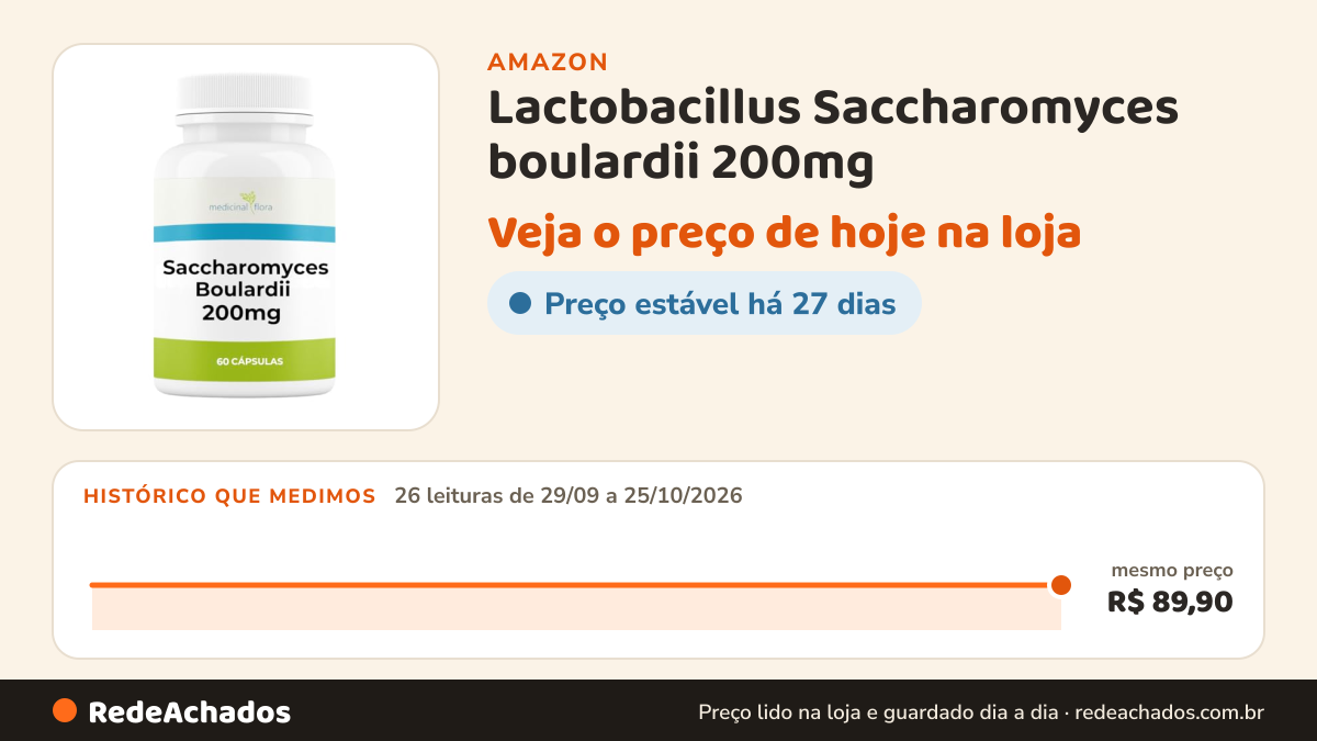 Histórico de preço de Lactobacillus Saccharomyces boulardii 200mg - 60 Doses na Amazon: 26 leituras de 29/09/2026 a 25/10/2026, mesmo preço, R$ 89,90, em todas