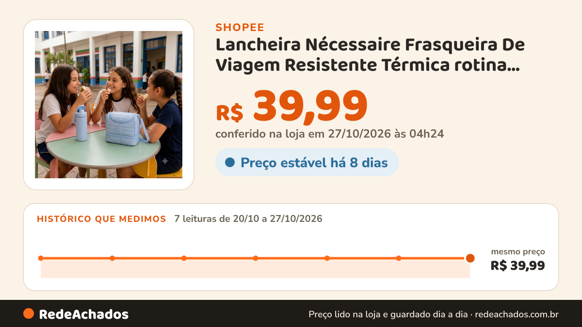 Histórico de preço de Lancheira Nécessaire Frasqueira De Viagem Resistente Térmica rotina almoço marmita na Shopee: 7 leituras de 20/10/2026 a 27/10/2026, mesmo preço, R$ 39,99, em todas; R$ 39,99 conferido em 27/10/2026 às 04h24