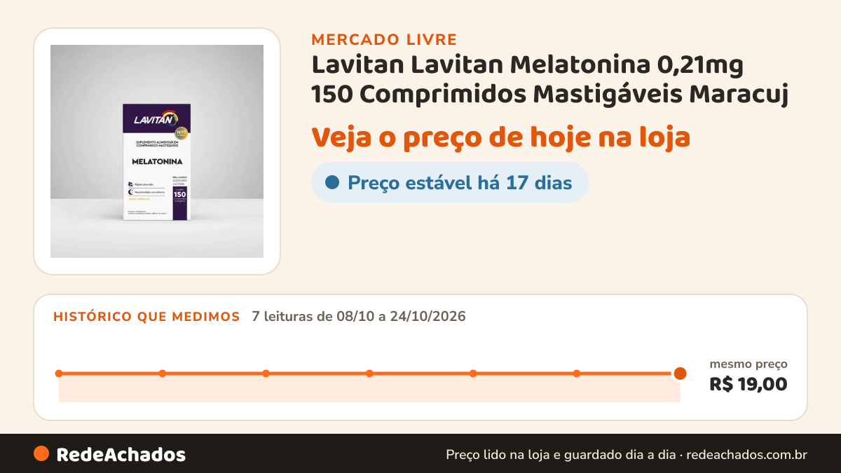 Histórico de preço de Lavitan Lavitan Melatonina 0,21mg 150 Comprimidos Mastigáveis Maracuj no Mercado Livre: 7 leituras de 08/10/2026 a 24/10/2026, mesmo preço, R$ 19,00, em todas