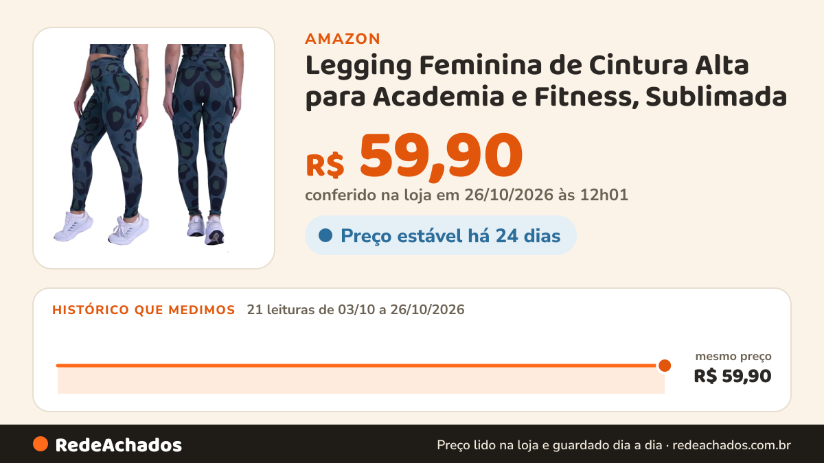 Histórico de preço de Legging Feminina de Cintura Alta para Academia e Fitness, Sublimada (BR, Alfa, M, Regular… na Amazon: 21 leituras de 03/10/2026 a 26/10/2026, mesmo preço, R$ 59,90, em todas; R$ 59,90 conferido em 26/10/2026 às 12h01