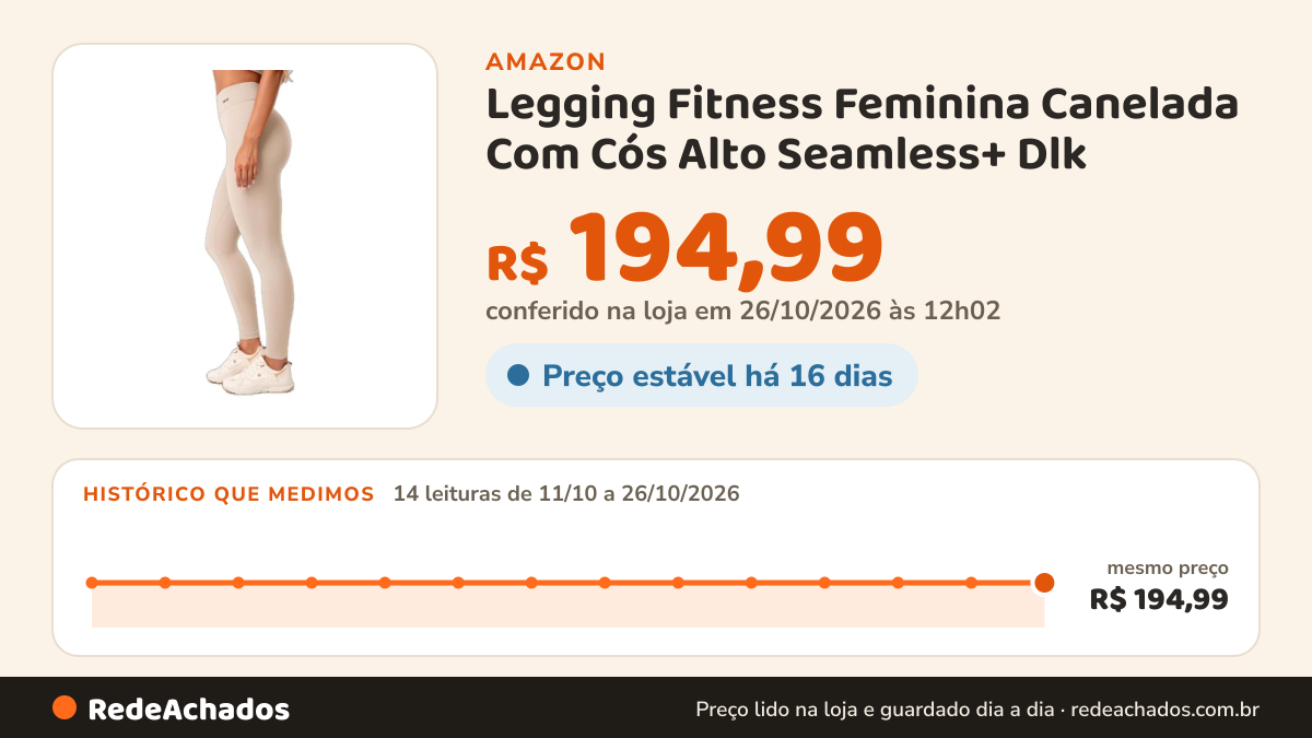 Histórico de preço de Legging Fitness Feminina Canelada Com Cós Alto Seamless+ Dlk (GG/Nude) na Amazon: 14 leituras de 11/10/2026 a 26/10/2026, mesmo preço, R$ 194,99, em todas; R$ 194,99 conferido em 26/10/2026 às 12h02