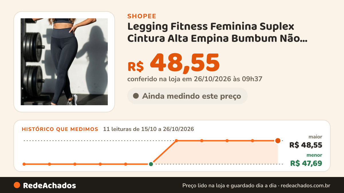 Histórico de preço de Legging Fitness Feminina Suplex Cintura Alta Empina Bumbum Não Desbota Secagem Rápida… na Shopee: 11 leituras de 15/10/2026 a 26/10/2026, menor R$ 47,69, maior R$ 48,55; R$ 48,55 conferido em 26/10/2026 às 09h37