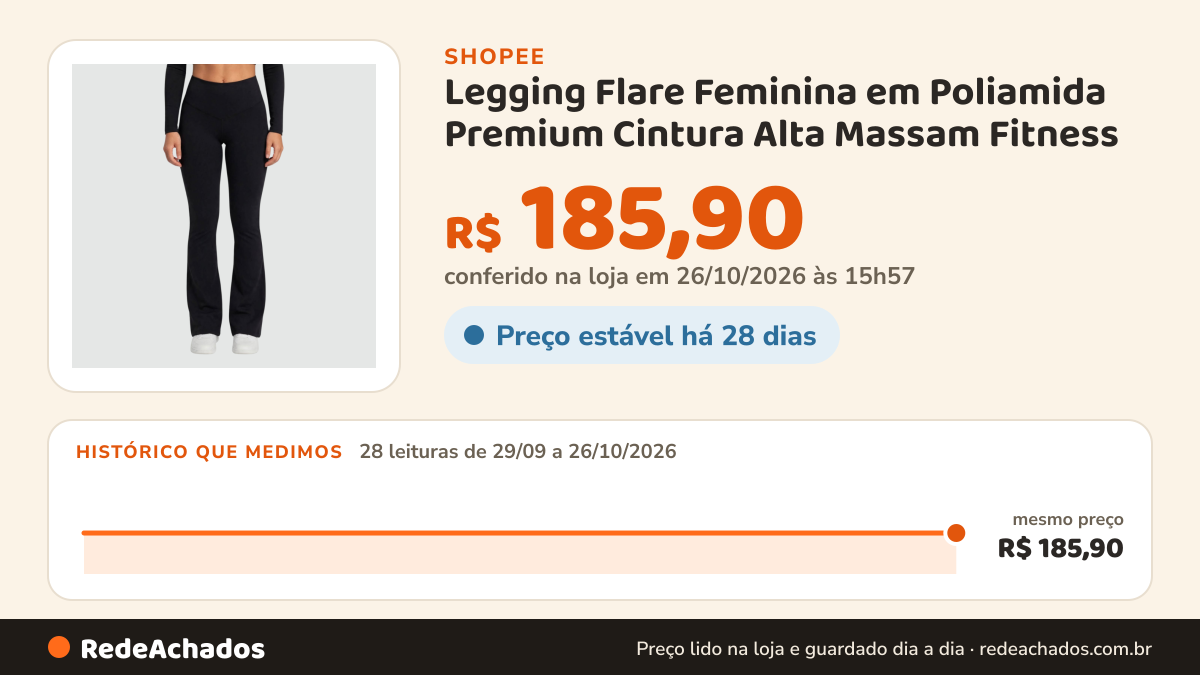 Histórico de preço de Legging Flare Feminina em Poliamida Premium Cintura Alta Massam Fitness na Shopee: 28 leituras de 29/09/2026 a 26/10/2026, mesmo preço, R$ 185,90, em todas; R$ 185,90 conferido em 26/10/2026 às 15h57