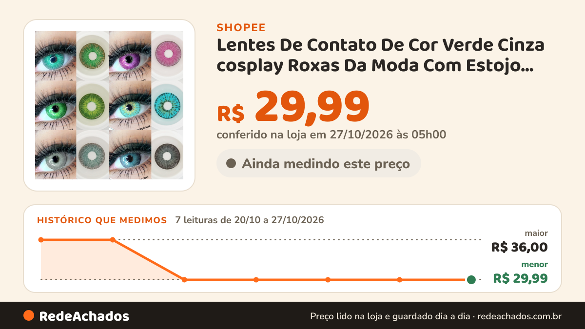 Histórico de preço de Lentes De Contato De Cor Verde Cinza cosplay Roxas Da Moda Com Estojo Transporte Rápido Do… na Shopee: 7 leituras de 20/10/2026 a 27/10/2026, menor R$ 29,99, maior R$ 36,00; R$ 29,99 conferido em 27/10/2026 às 05h00