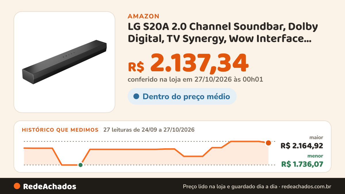 Histórico de preço de LG S20A 2.0 Channel Soundbar, Dolby Digital, TV Synergy, Wow Interface, DTS Digital… na Amazon: 27 leituras de 24/09/2026 a 27/10/2026, menor R$ 1.736,07, maior R$ 2.164,92; R$ 2.137,34 conferido em 27/10/2026 às 00h01
