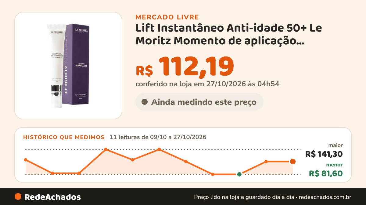 Histórico de preço de Lift Instantâneo Anti-idade 50+ Le Moritz Momento de aplicação Dia/Noite Tipo de no Mercado Livre: 11 leituras de 09/10/2026 a 27/10/2026, menor R$ 81,60, maior R$ 141,30; R$ 112,19 conferido em 27/10/2026 às 04h54