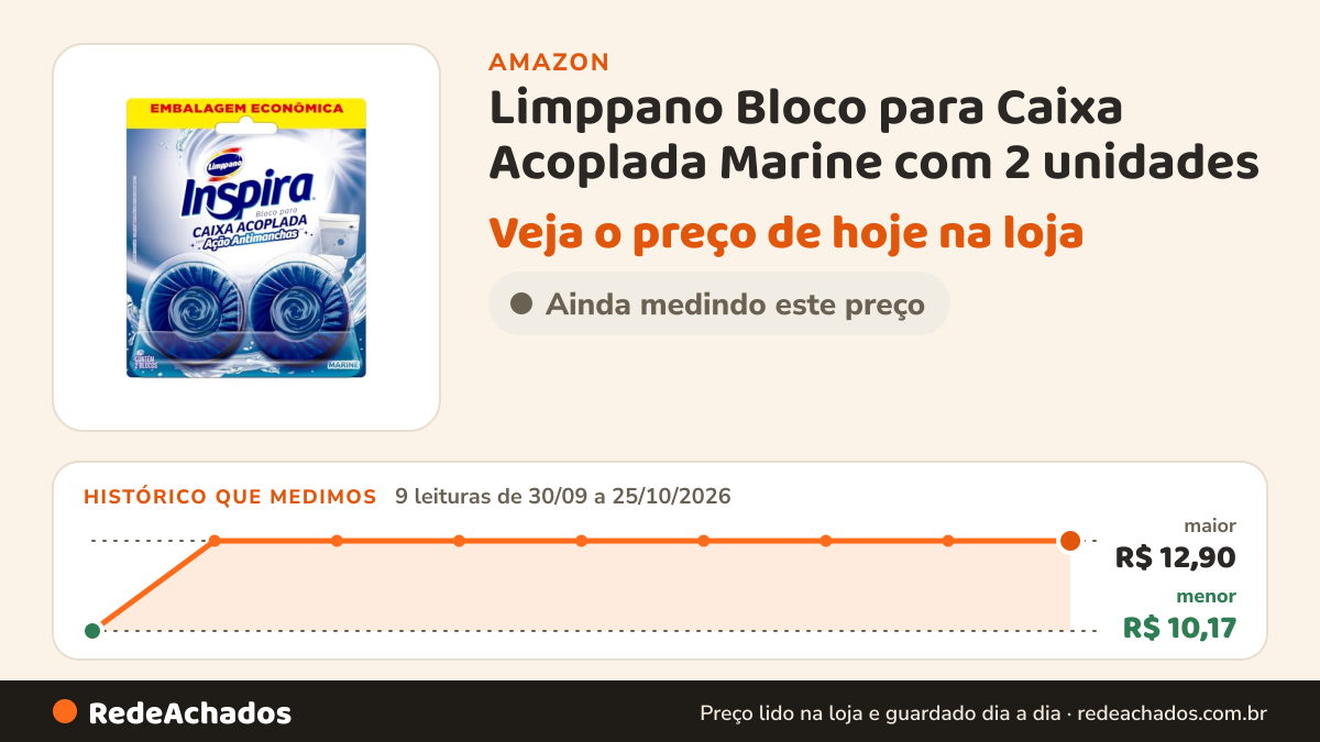 Histórico de preço de Limppano Bloco para Caixa Acoplada Marine com 2 unidades na Amazon: 9 leituras de 30/09/2026 a 25/10/2026, menor R$ 10,17, maior R$ 12,90
