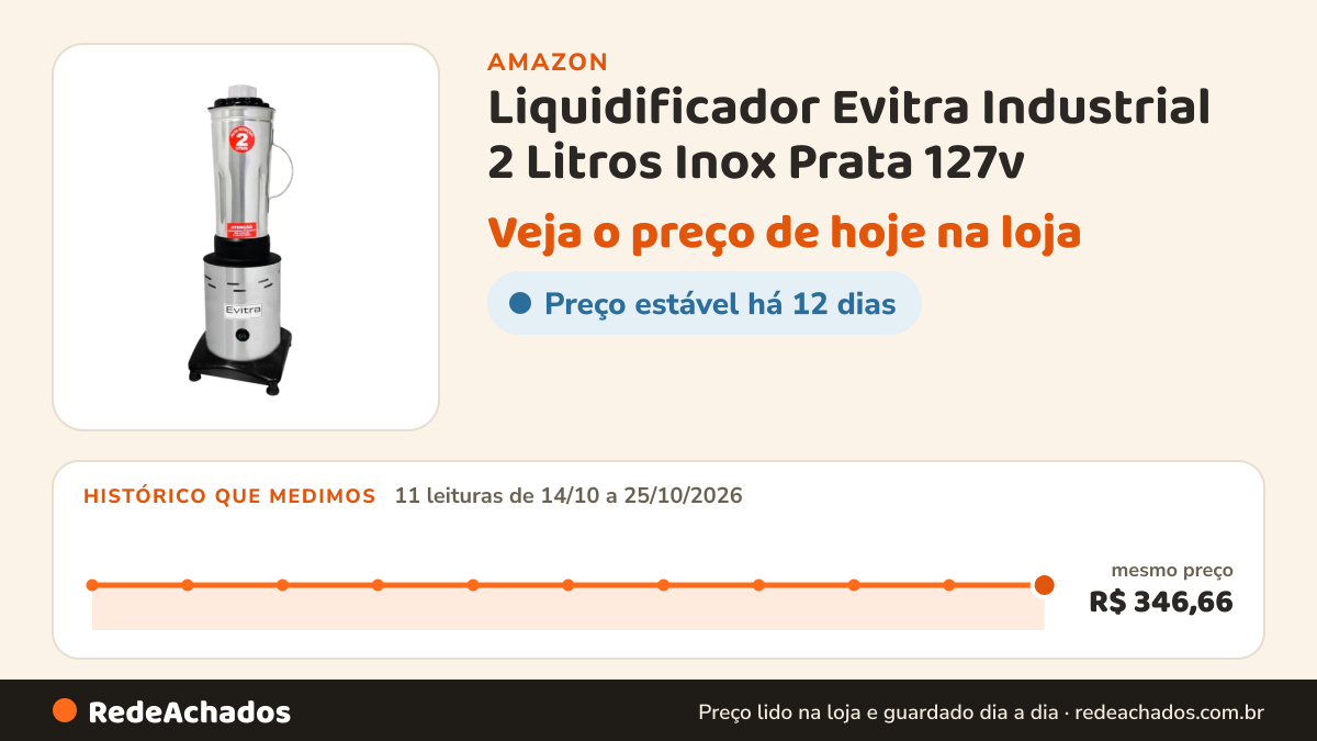 Histórico de preço de Liquidificador Evitra Industrial 2 Litros Inox Prata 127v na Amazon: 11 leituras de 14/10/2026 a 25/10/2026, mesmo preço, R$ 346,66, em todas