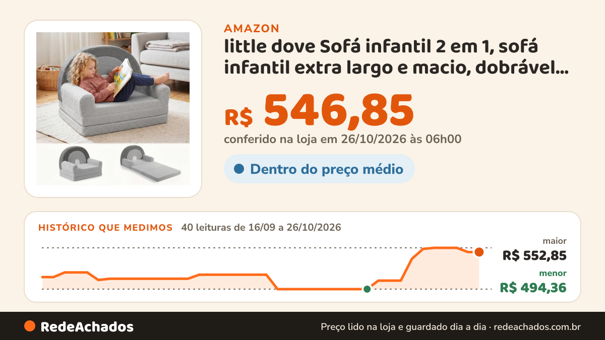 Histórico de preço de little dove Sofá infantil 2 em 1, sofá infantil extra largo e macio, dobrável, sofá para… na Amazon: 40 leituras de 16/09/2026 a 26/10/2026, menor R$ 494,36, maior R$ 552,85; R$ 546,85 conferido em 26/10/2026 às 06h00