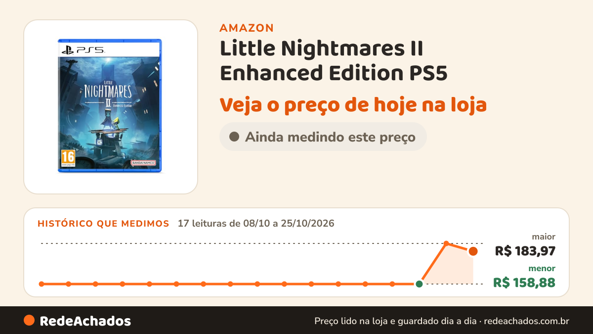 Histórico de preço de Little Nightmares II Enhanced Edition PS5 na Amazon: 17 leituras de 08/10/2026 a 25/10/2026, menor R$ 158,88, maior R$ 183,97