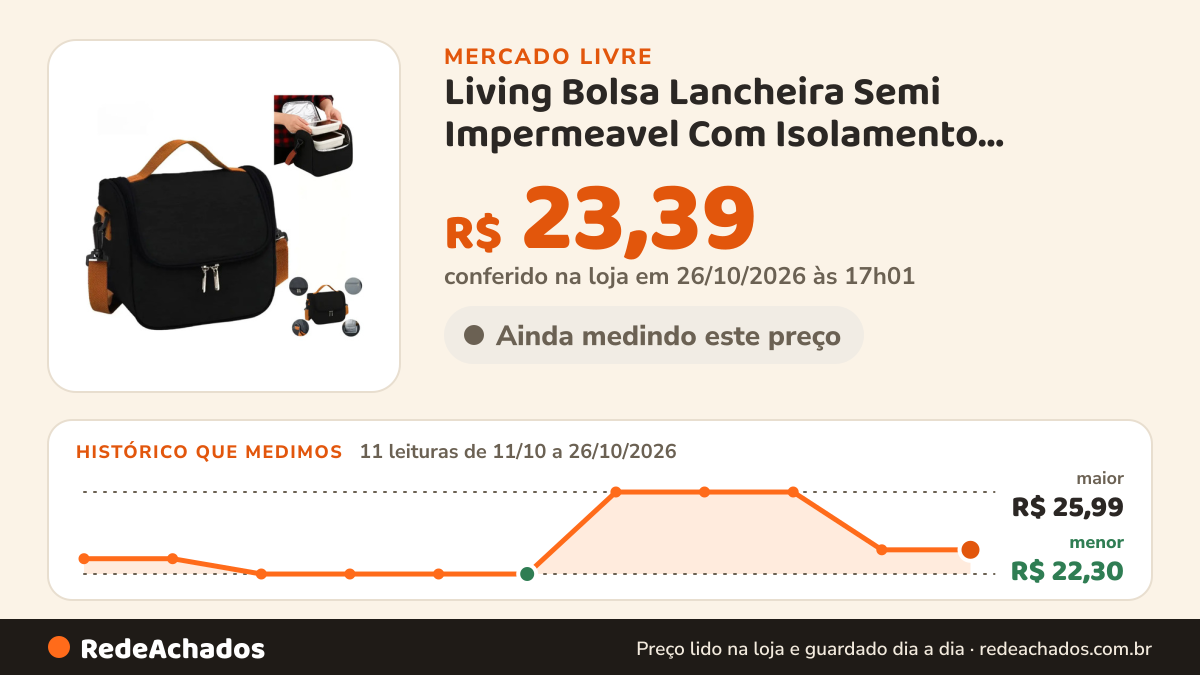 Histórico de preço de Living Bolsa Lancheira Semi Impermeavel Com Isolamento Termico Leve P no Mercado Livre: 11 leituras de 11/10/2026 a 26/10/2026, menor R$ 22,30, maior R$ 25,99; R$ 23,39 conferido em 26/10/2026 às 17h01
