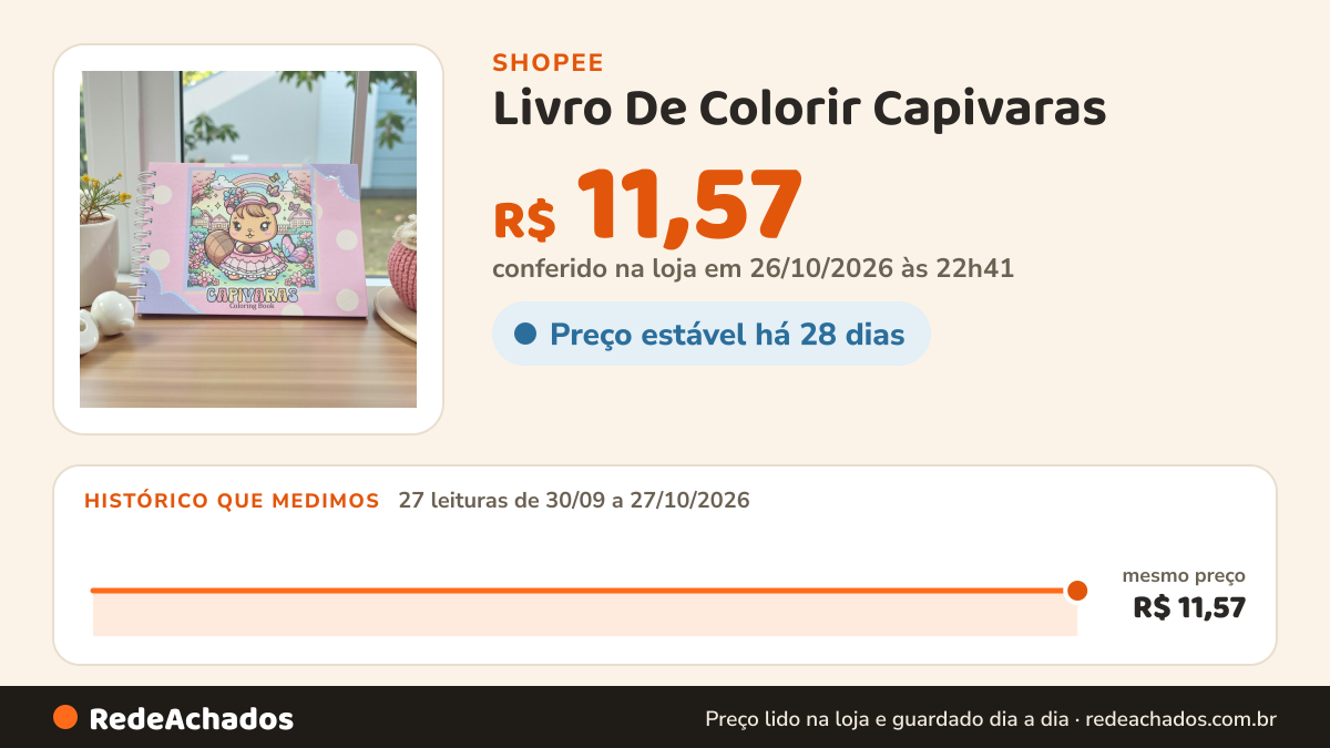 Histórico de preço de Livro De Colorir Capivaras na Shopee: 27 leituras de 30/09/2026 a 27/10/2026, mesmo preço, R$ 11,57, em todas; R$ 11,57 conferido em 26/10/2026 às 22h41