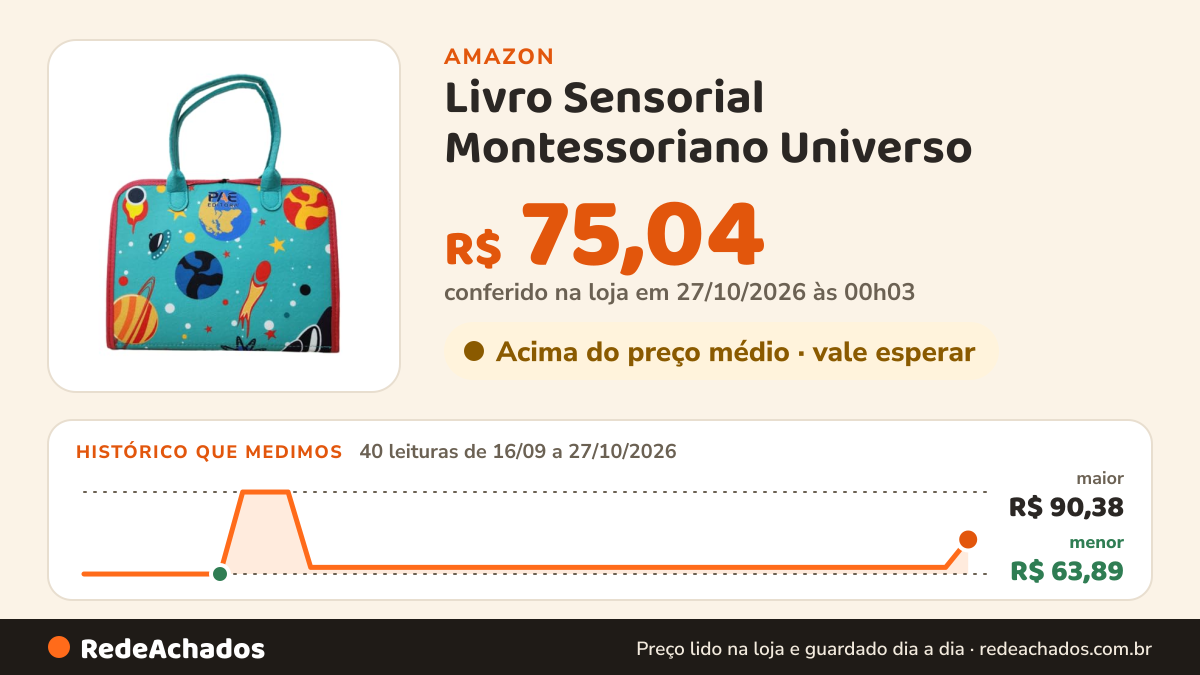 Histórico de preço de Livro Sensorial Montessoriano Universo na Amazon: 40 leituras de 16/09/2026 a 27/10/2026, menor R$ 63,89, maior R$ 90,38; R$ 75,04 conferido em 27/10/2026 às 00h03