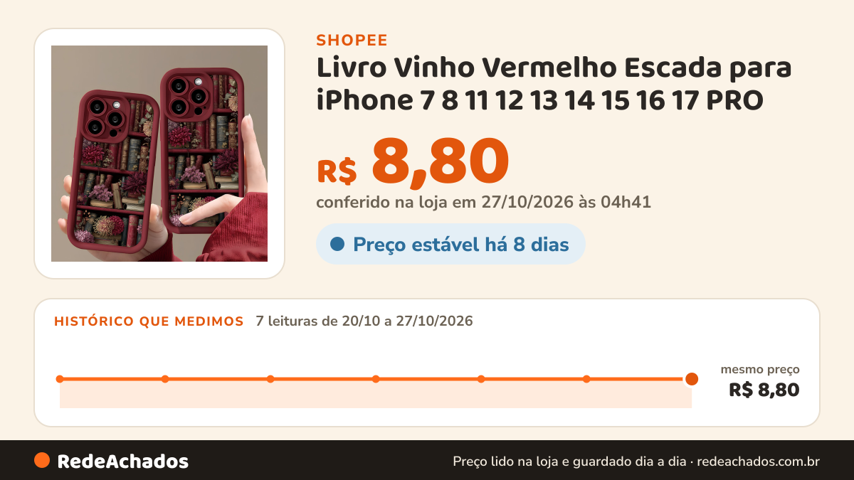 Histórico de preço de Livro Vinho Vermelho Escada para iPhone 7 8 11 12 13 14 15 16 17 PRO PROMAX PLUS AIR 16E… na Shopee: 7 leituras de 20/10/2026 a 27/10/2026, mesmo preço, R$ 8,80, em todas; R$ 8,80 conferido em 27/10/2026 às 04h41
